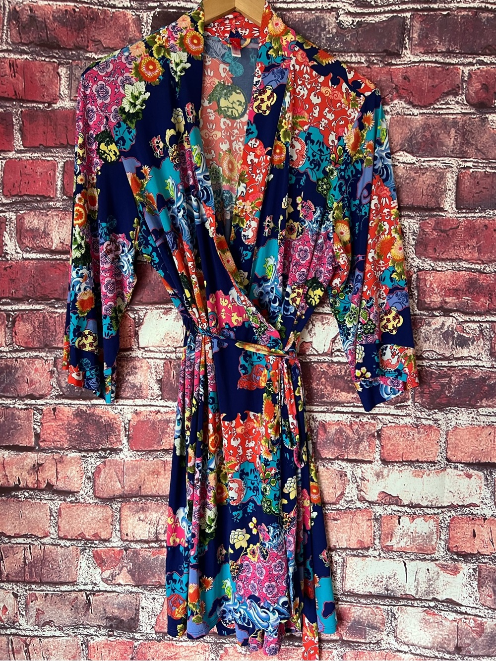 Josie by Natori Multicolor Floral Patchwork Wrap Kimono Robe